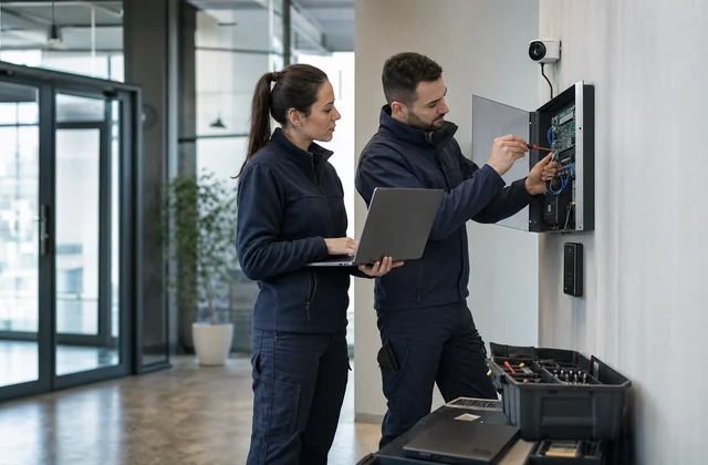 O tehniciană și un tehnician testează un sistem electronic de control al accesului
