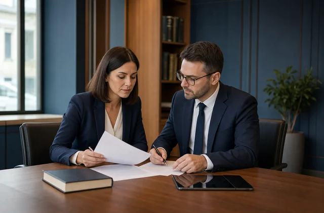 O juristă și un jurist analizează documentele unui proiect de securitate