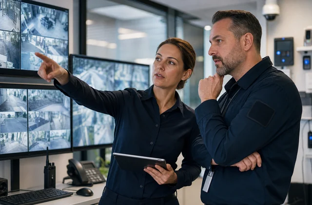 O specialistă și un specialist analizează imaginile sistemelor de securitate